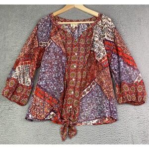 Anthropologie Fig & Flower Top Womens Size Large Floral Lace Peasant Tie Sheer